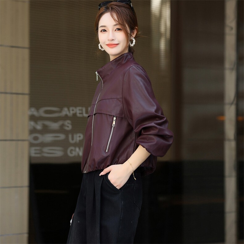 2024新款秋宽松显瘦休闲皮衣夹克中古机车立领外套女红夹克,女装皮衣,欧兰熙