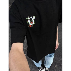 纯棉刺绣花朵T恤男女短袖BT002-P33图片