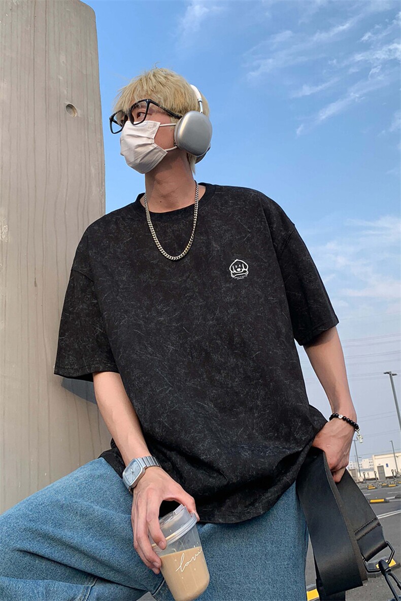 夏季美式重磅短袖t恤男潮流宽松做旧印花套头上衣情侣款休闲体恤,男装T恤,电商A007