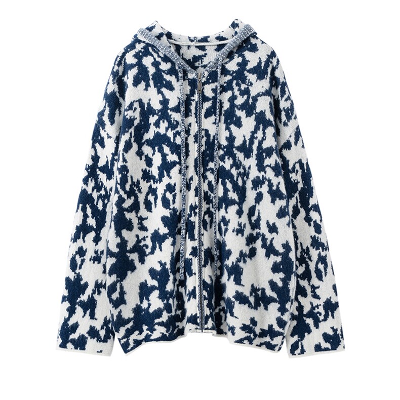 2025百搭时尚重工青花瓷外套帽衫，女装针织衫/毛衣，艾森羊绒