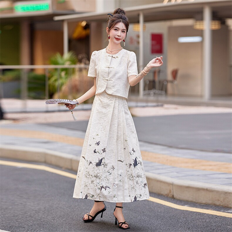 新中式国潮风两件套开衫2025夏装新款新中式流印花设计裙子,女装套装/套裙,众宇琦