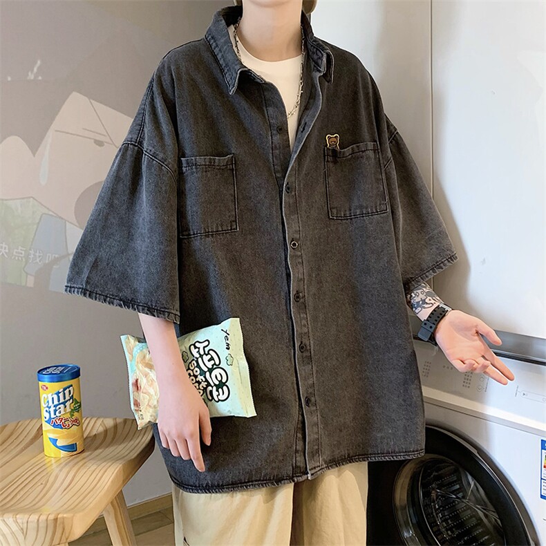 夏季牛仔衬衫男日系ins潮牌宽松短袖衬衣潮流痞帅外套CN001-P40,男装衬衫,星座1008-1