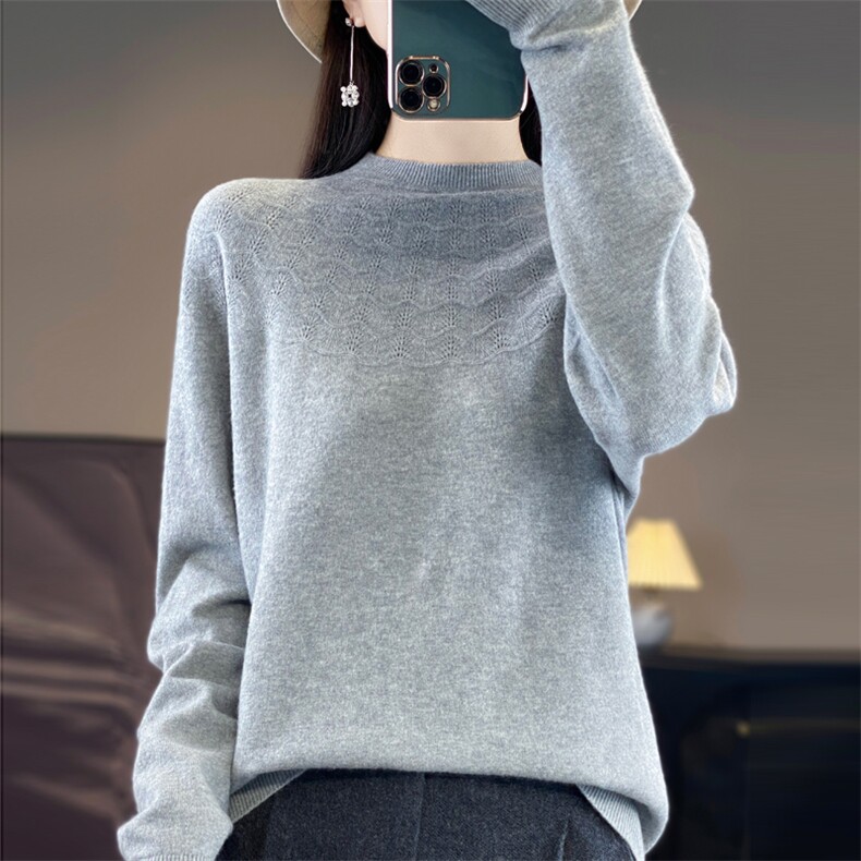 时尚百搭女针织衫简约舒适半高领毛衣优雅花纹镂空设计柔软亲肤,针织衫/毛衣,昭美羊绒