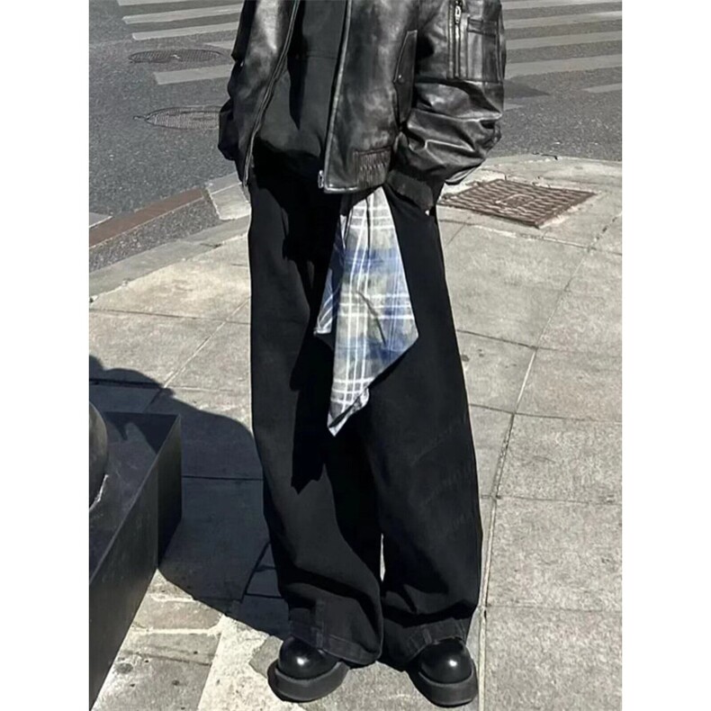 美式复古拉链可拆卸方巾牛仔裤女2025春季褶皱设计感高腰弯刀裤子图片