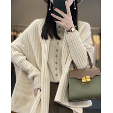 秋冬V领中长款100%纯羊毛开衫女复古披肩宽松慵懒羊绒衫外套毛衣，披肩，端硕羊绒