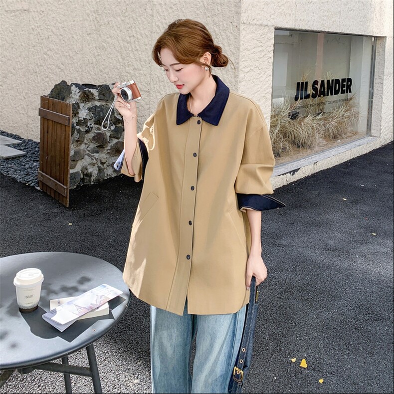 设计感撞色拼接卡其色风衣外套女春秋2025新款爆款高级感显瘦大衣,女装风衣,1D103