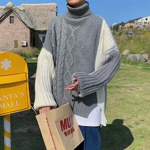 秋季日系潮牌高领针织衫毛衣男宽松撞色设计感休闲上衣  M166-P48图片