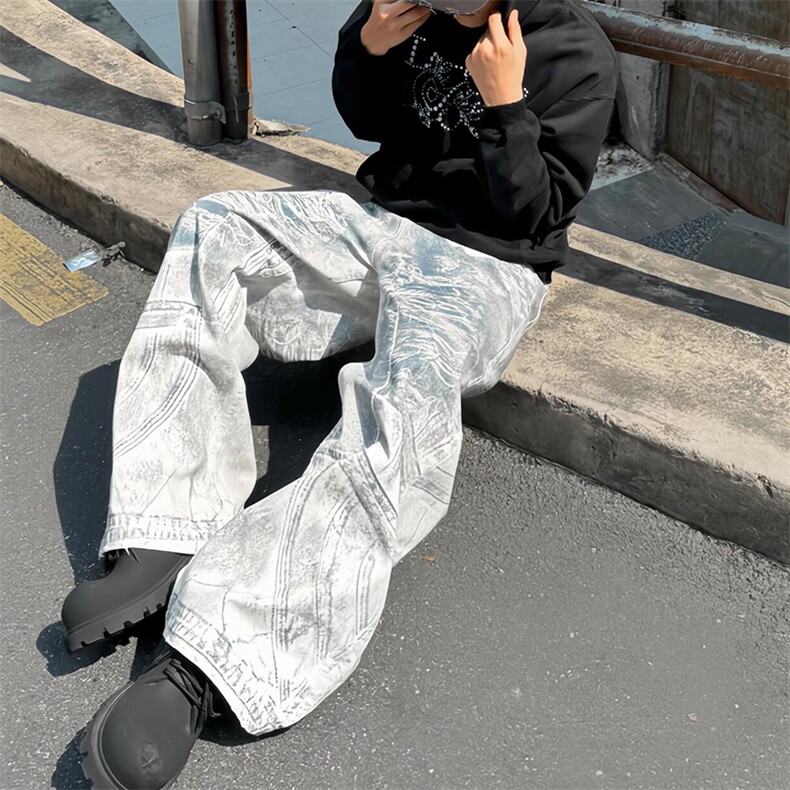 美式水洗3D印花设计牛仔裤男秋季复古百搭宽松直筒拖地裤子潮,男装牛仔裤,星座506A