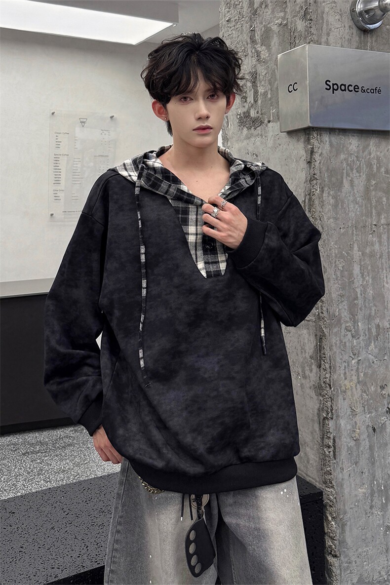 WY10150-特批50控98新款小众撞色拼接格子假两件大帽子卫衣,男装卫衣,电商A059