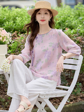 现货主推中式复古印花上衣阔腿裤两件套女新款宽松气质减龄套装，女装套装/套裙，韩蔻秀