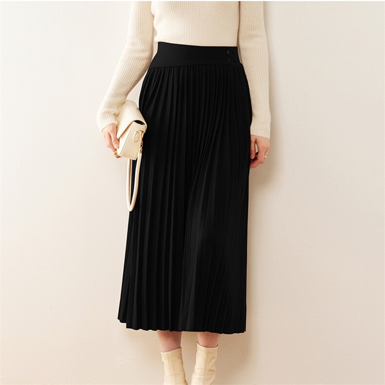 2024秋款高腰显瘦百褶裙女长款气质优雅羊毛半身裙，女装半身裙，戎美山