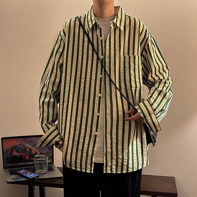 衬衫男韩版潮流长袖条纹痞子帅2026夏季新款ins宽松外套CY218-P49,男装衬衫,星座412