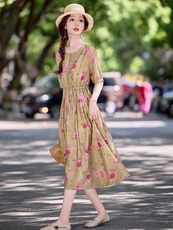 天丝麻印花连衣裙女2025夏季新款气质时尚收腰显瘦减龄中长款裙子，女装连衣裙，涵墨