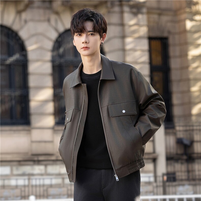 皮夹克外套男春秋高级感潮流痞帅休闲修身男士短款上衣2585-P170，男装夹克，电商A355（原A415）