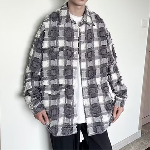 秋季韩版小众时尚潮流长袖衬衫男上衣格子毛边休闲痞帅衬衣 C635图片