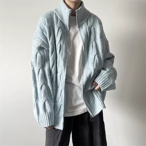 得物品质秋款男立领开衫毛衣北极绒提花宽松针织衫外套M81 P70图片