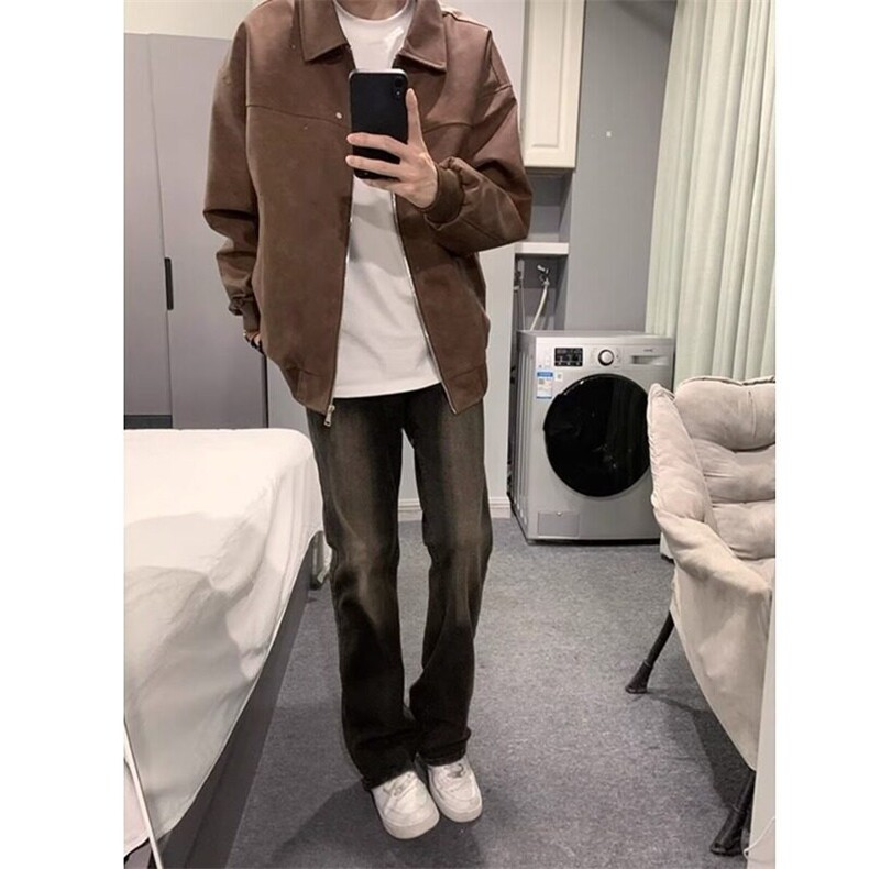 新款复古皮衣翻领休闲夹克男春秋季ins潮流宽松纯色百搭机车外套,男装夹克,星座506A