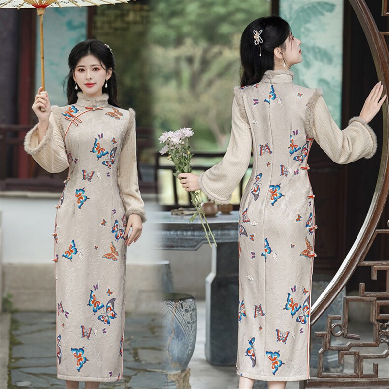 新中式风立领玉兔提花微喇袖口加绒旗袍2654P155,女装汉服/婚纱/旗袍/礼服,乐衣轩