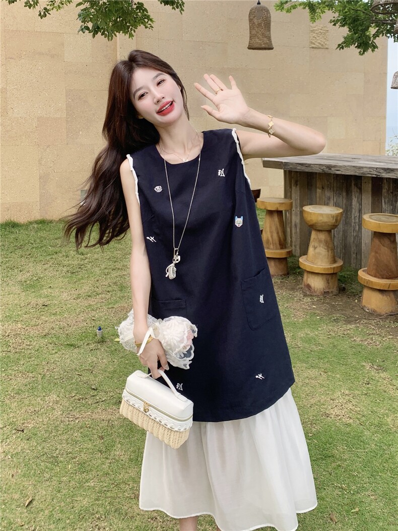 刺绣无袖连衣裙女夏季2026新款韩系减龄休闲甜美假两件拼接背心裙,女装连衣裙,艾米莉亚