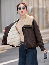 羊羔毛领拼接PU皮羽绒服女2025冬季新款小个子气质显瘦白鸭绒外套，女装羽绒服，衣之秀