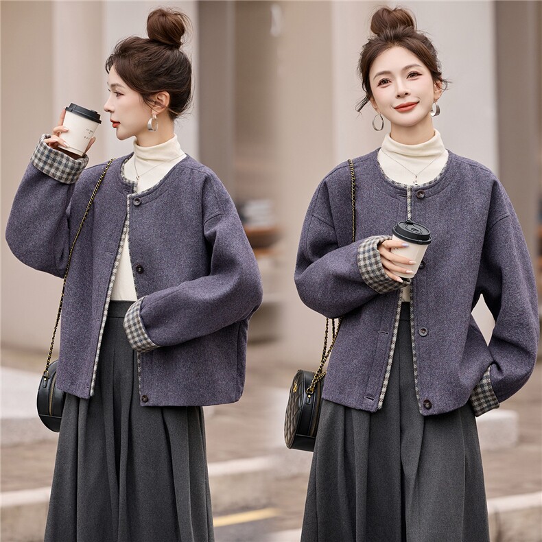 现货现货主推款2025秋冬新款毛呢外套短款格子拼接大衣，数据好款，女装毛呢外套，一安秀