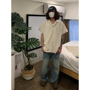 日系复古小细纹坑条薄款短袖衬衫男纯色百搭情侣衬衣潮CS505图片