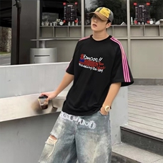 抖音得物品质二开240克宽松纯棉美式潮牌印花三条杠中性风短袖T恤，男装T恤，电商A486-1