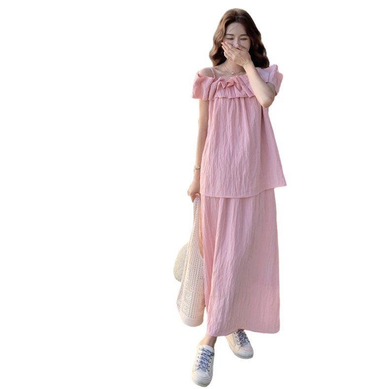 粉色木耳边一字肩上衣套装女2025夏新款温柔甜美减龄半身裙两件套,女装套装/套裙,2C327