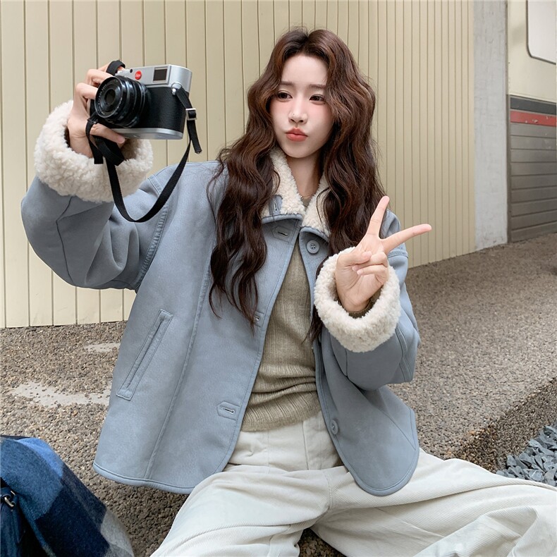 麂皮绒羊羔毛外套女冬小个子精致短款保暖皮毛一体，女装羊羔毛/颗粒绒，浙宝113
