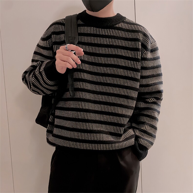 LV294/P85控115美式条纹男款针织衫毛衣冬季保暖百搭休闲打底衫黑图片