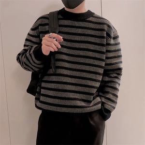 LV294/P85控115美式条纹男款针织衫毛衣冬季保暖百搭休闲打底衫黑图片