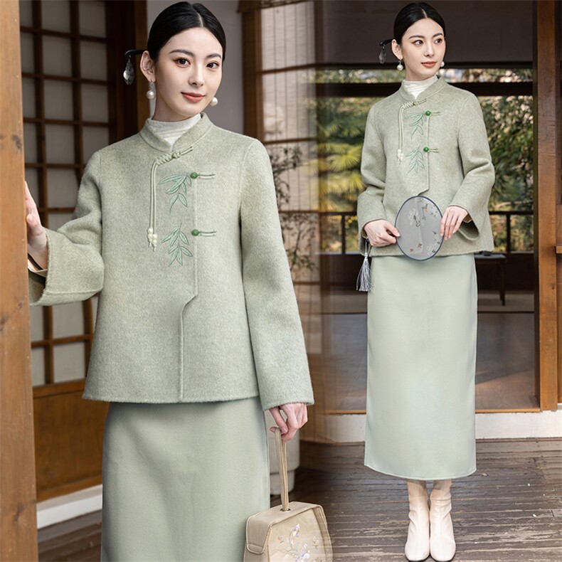 中国风双面羊毛套装女2024春秋新款中式改良旗袍高腰茶服两件套裙,女装套装/套裙,芷墨服饰