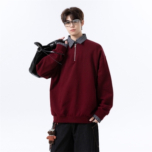 高克重格子条纹拉连V领时尚假两件拼接大码卫衣XZ301A WY2508图片