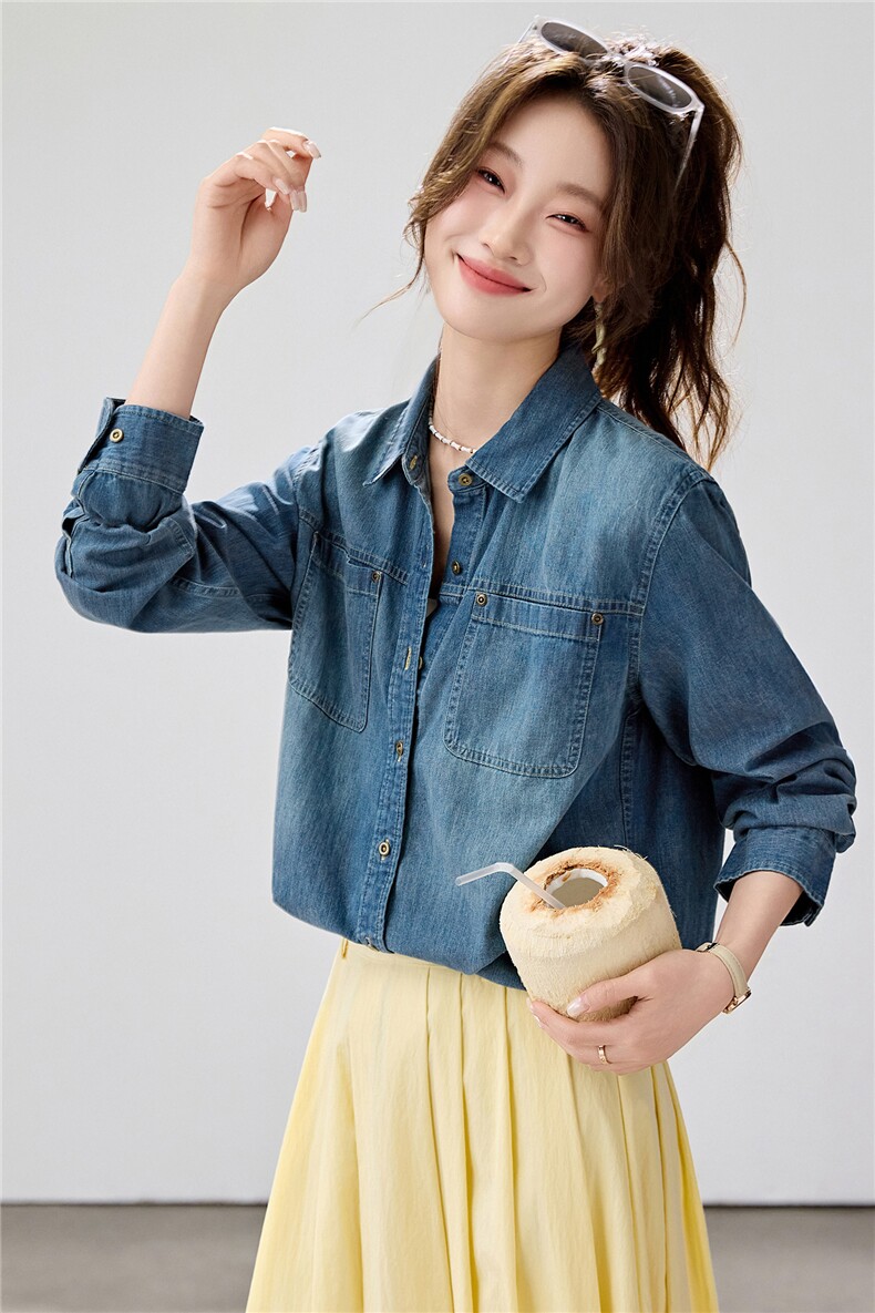2026春夏新款复古水洗牛仔衬衫女宽松显瘦叠穿长袖衬衣外套休闲,女装衬衫,艾米