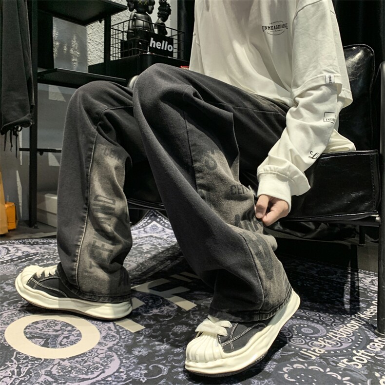 牛仔裤男复古美式潮流拼接毛边宽松bf休闲阔腿老爹裤N02241-P45图片