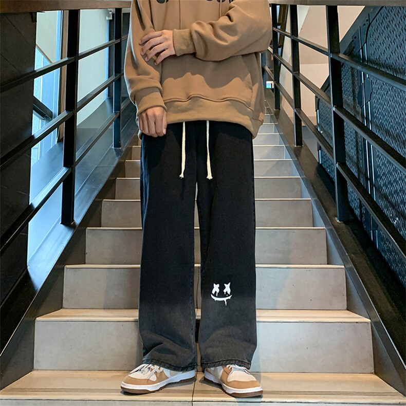 牛仔裤男松紧腰宽松直筒拖地裤潮流阔腿休闲长裤子男N05094-P40,男装牛仔裤,星座308B-1