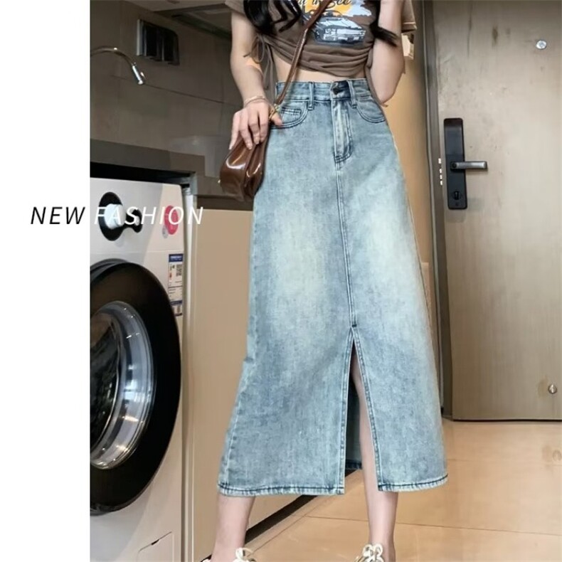 复古牛仔裙半身裙女中长款2025年新款夏季a字开叉高腰包臀裙春秋,女包手腕包,星座1210-1