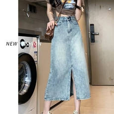 复古牛仔裙半身裙女中长款2025年新款夏季a字开叉高腰包臀裙春秋，鞋类箱包手腕包，星座1210-1