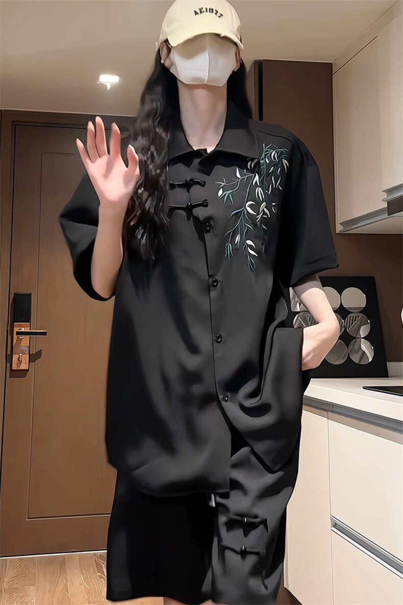 量大优供视频新风竹叶刺绣花冰丝短袖衬衫男CP54-特p33,男装衬衫,电商B371