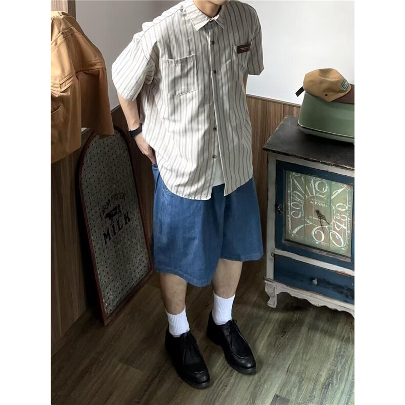 598-P29日系简约条纹贴标短袖衬衫女2025夏季新款休闲,男装T恤,电商B323A