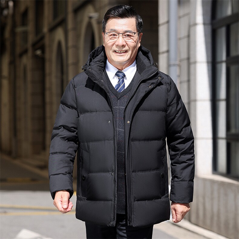 冬季中老年男士黑色中长款90羽绒服爸爸加厚御寒保暖上衣连帽外套图片