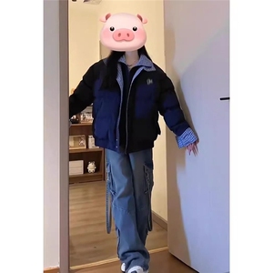 藏青色假两件格子拼接羽绒棉服女冬季2025新款加厚面包服棉衣外套图片