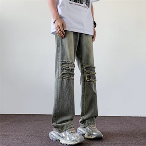 美式高街破洞渐变牛仔裤男潮牌痞帅宽松直筒裤子 9077-P45图片