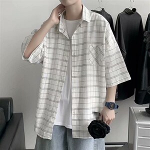 格子衬衫男短袖港风ins衬衣夏季韩版潮流宽松休闲外套CS26-P30图片