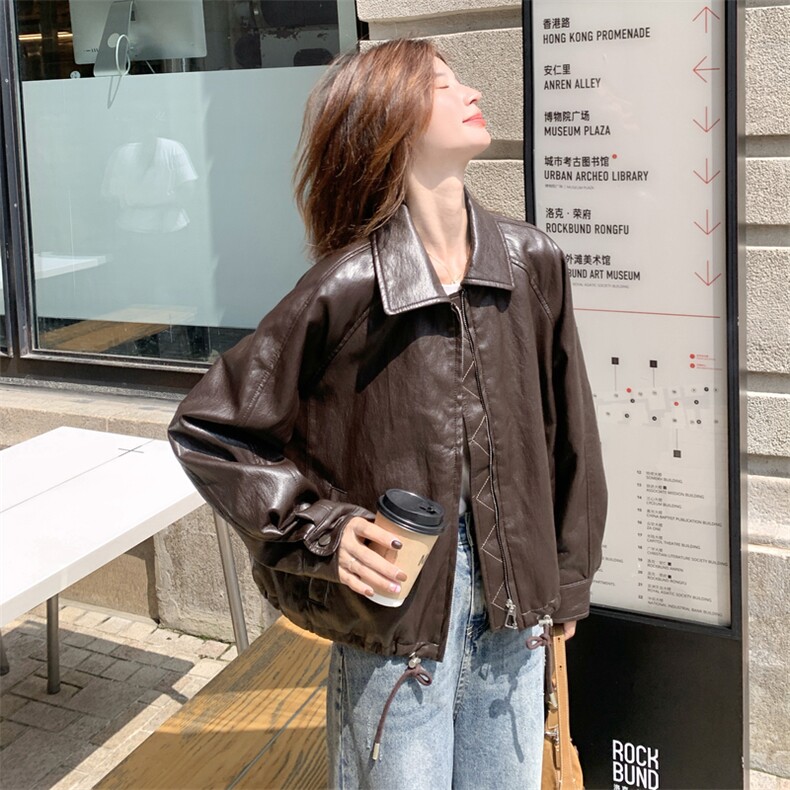 美式复古皮衣外套女2025秋季新款高级感宽松休闲百搭机车服夹克潮,女装皮衣,2D044