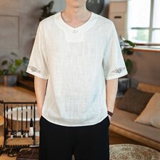 夏新款亚麻竹节棉麻短袖中国风盘扣祥云刺绣五分袖大码T恤T511，男装T恤，电商A021A