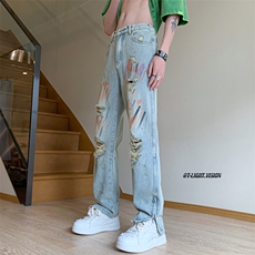 B221美式ins嘻哈色彩涂鸦小众拉链破洞牛仔裤LK23085-P65控88，男装牛仔裤，电商B221