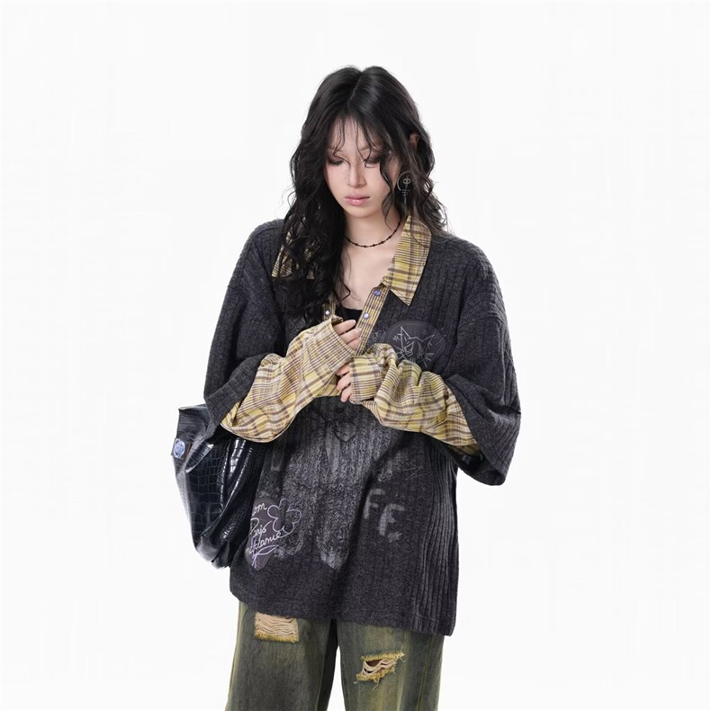W116-P70大码坑条v领长袖打底针织衫女秋冬新款胖mm别致褶皱,男装T恤,电商B323A