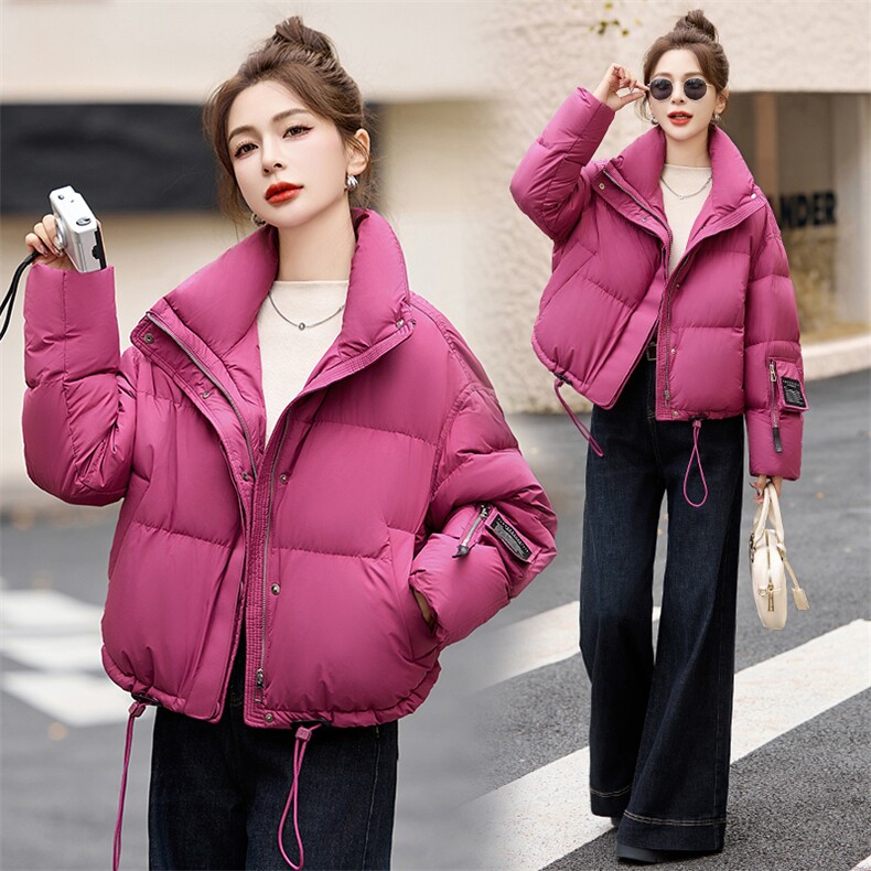玫红色时尚显白羽绒服女2024冬季新款小个子加厚白鸭绒面包服外套图片