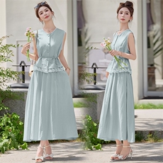 夏季天丝棉麻牛仔连衣裙套装女新款小香风蕾丝马甲半身长裙两件套，女装套装/套裙，依路服饰